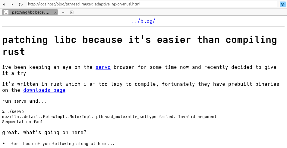 servo browser displaying a html render of this blogpost! missed some styling, but still, woohoo!